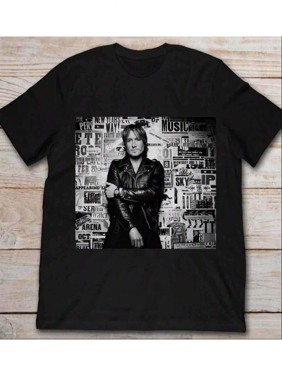 Men's Vintage Band T-Shirt - Vintage Short-Sleeved T-Shirt With Black And White Musical Notes And Band Motifs, Loose Fit And Round Neck, Suitable For Casual Wear, Machine Washable, Ideal For Concerts, Daily Wear, House Parties And Travel. - 黑色 - 查看 1