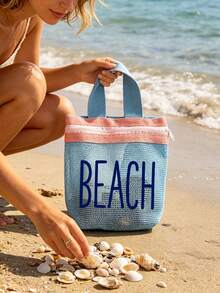 高飽和度撞色網格托特包，印有「Beach」圖案的化妝收納包 - 夏季度假必備，多功能可重複使用購物袋，海灘包，旅行盥洗包，泳衣收納袋，日常用品收納袋。適用於海灘、度假、購物、派對、辦公室、學校，非常適合作為旅行紀念品、教師節禮物、返校禮物、派對贈品、節日禮物 - 彩色 - 查看 4