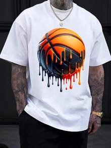 Women's Casual Sports T-Shirt With Colorful Tattooed Man And Basketball Graphic - Elastic Crew Neck T-Shirt, Machine Washable, Comfortable Fit For All Seasons, For Sports And Art Lovers. - 白色 - 查看 1