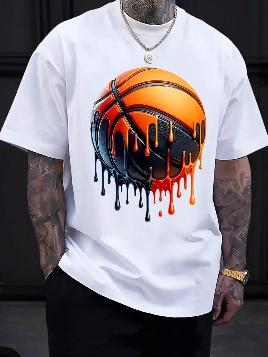 Women's Casual Sports T-Shirt With Colorful Tattooed Man And Basketball Graphic - Elastic Crew Neck T-Shirt, Machine Washable, Comfortable Fit For All Seasons, For Sports And Art Lovers. - 白色 - 查看 1