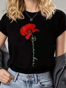 Short-Sleeve Soft Graphic T-Shirts "Remember" Women's Commemorative Red Poppy Pattern Print T-Shirt, Short Sleeve, Crew Neck, Casual Spring And Summer Wear, Perfect For Everyday Wear And Holiday Gifts 100% Cotton - 黑色 - 查看 3