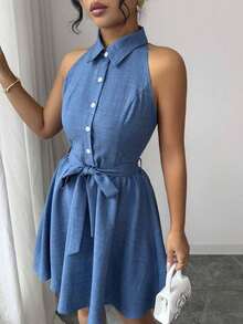 Elenzya Vestido de cuello de camisa sin mangas con tela de efecto lino de dos tonos y efecto de mezclilla, silueta en línea A, diseño elegante y romántico, adecuado para uso al aire libre - Azul lavado medio - Ver 3