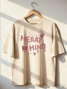 T-Shirt With "HEART MIND" Text And Pink Hearts,  Short-Sleeved T-Shirt For Spring And Summer 2026, Made In Mexico, 180 Grams. Cartoon Print, Couple Design, Suitable For Indoor Or Outdoor Wear. Crew Neck, Unisex, Ideal For The Office And Leisure. One-Pack. - APR-P631577SLNDXZGY610 - 查看 1