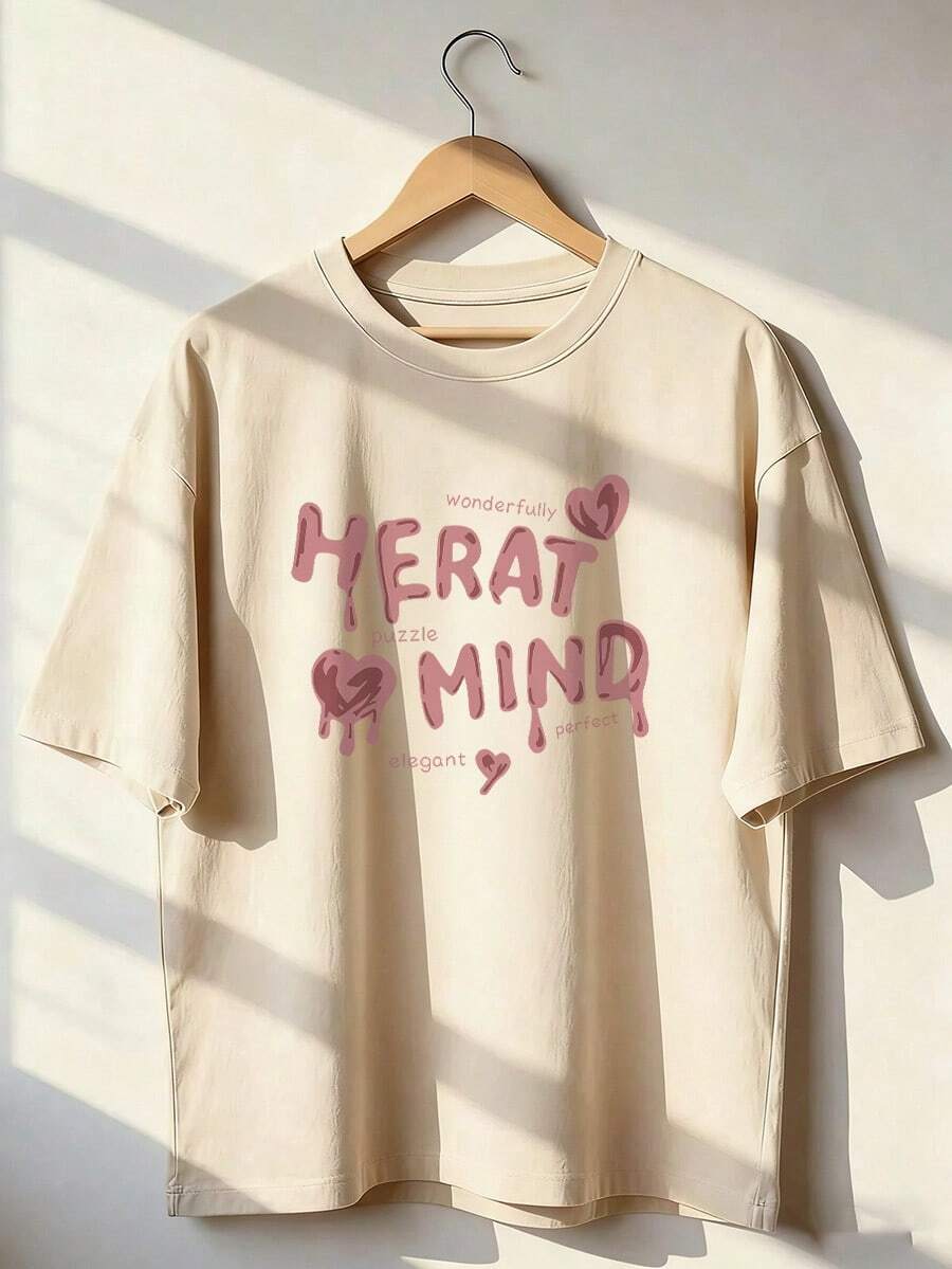 T-Shirt With "HEART MIND" Text And Pink Hearts, Short-Sleeved T-Shirt For Spring And Summer 2026, Made In Mexico, 180 Grams. Cartoon Print, Couple Design, Suitable For Indoor Or Outdoor Wear. Crew Neck, Unisex, Ideal For The Office And Leisure. One-Pack. - APR-P631577SLNDXZGY610 - 查看 1