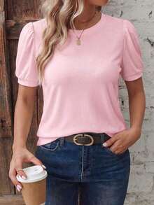 Camiseta básica de talla grande con cuello redondo, manga corta tipo globo, estampado de leopardo en color negro sobre base de color café, de estilo retro y casual - Rosa - Ver 3