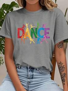 Women's Casual Short Sleeve T-Shirt 2026 - "DANCE" Letter Print, Crew Neck, Machine Washable, Casual Spring/Summer Vacation Wear, Easy-To-Wear Top, Fun Print T-Shirt,  And Fashionable, Durable Printed T-Shirt NBWH - 淺灰色 - 查看 1