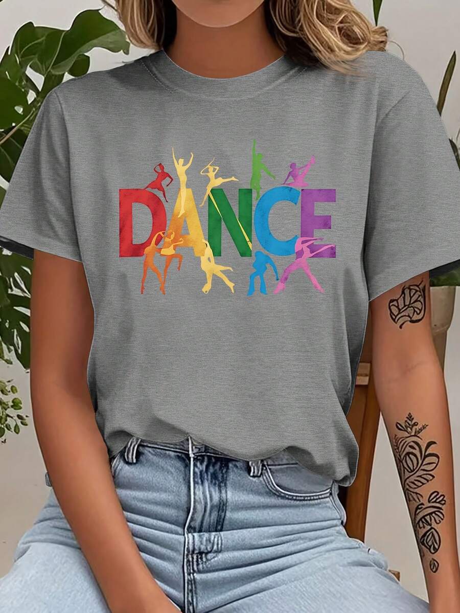 Women's Casual Short Sleeve T-Shirt 2026 - "DANCE" Letter Print, Crew Neck, Machine Washable, Casual Spring/Summer Vacation Wear, Easy-To-Wear Top, Fun Print T-Shirt, And Fashionable, Durable Printed T-Shirt NBWH - 淺灰色 - 查看 1