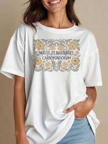 Women's Oversized Style T-Shirt, Nolite Te Bastardes Carborundorum, Don't Let The Bastards Crush You, Subtly Feminine T-Shirt, Women's Rights Subtly Expressed, Subtle Activist T-Shirt, Loose Fit Women's T-Shirt, Perfect For Parties Or Gifts, Soft And Comfortable, Crew Neck, 100% Cotton, Soft Fabric, Short Sleeve - 白色 - 查看 2
