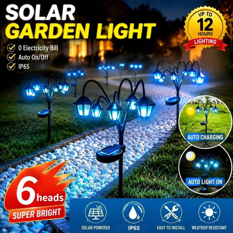 1pc 6-Head Solar Outdoor Garden Lights, Steady And Flashing Dual Mode Landscape Decor Lamp - White Light Inserts Lanterns - View 1