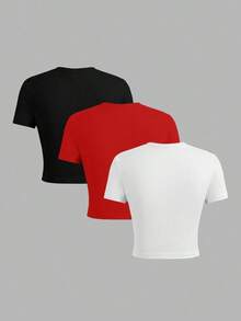 Set de 3 camisetas cortas de mujer de cuello redondo, manga corta y ajustadas con estampado minimalista casual y texto en inglés - Multicolor - Ver 2
