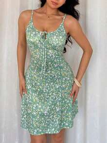 Vestido corto casual sin mangas con estampado floral pequeño para vacaciones y playa - verde menta - Ver 7