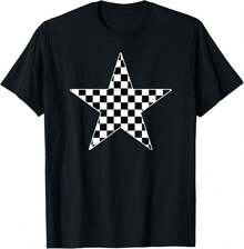 Camiseta de carreras a cuadros en blanco y negro con diseño de estrella - Negro - Ver 2