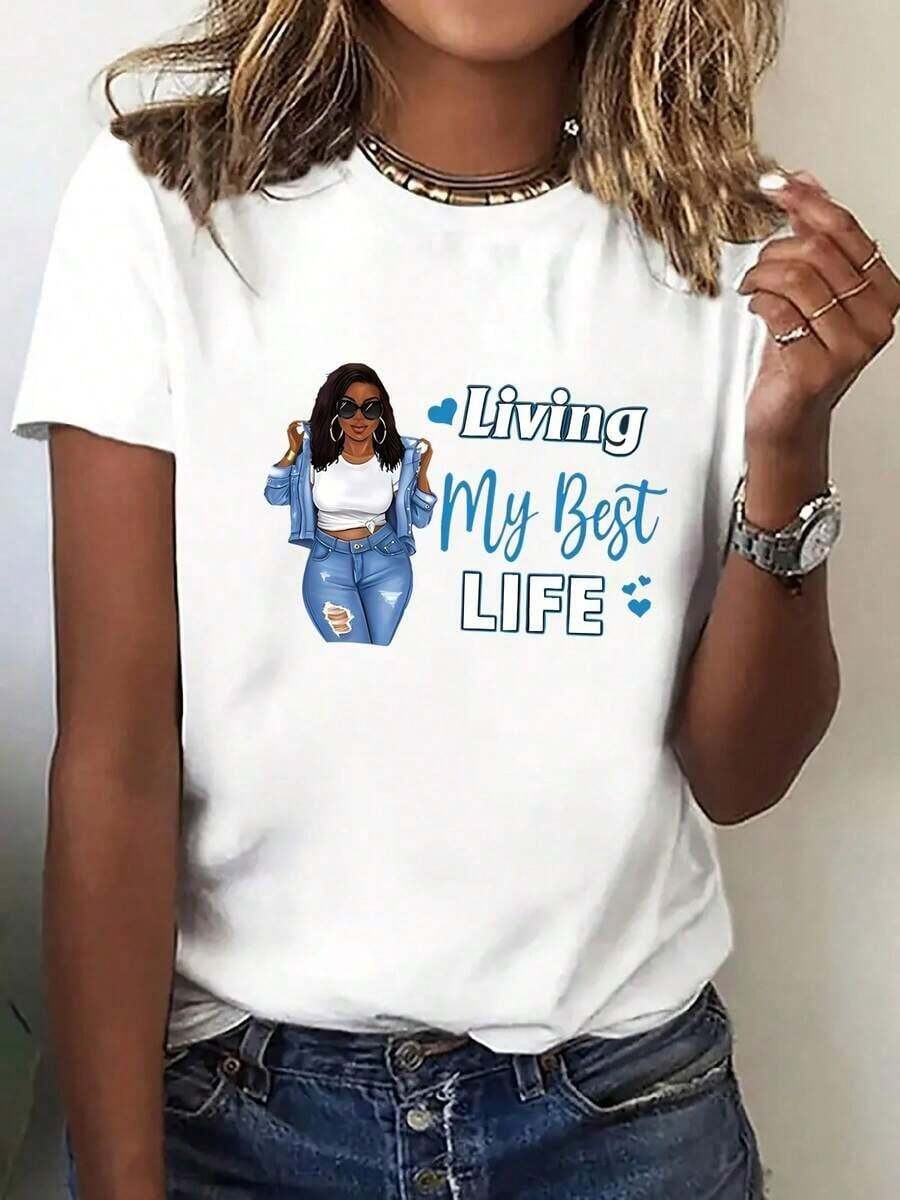1 Piece Of Fashionable Women's Short-Sleeved Sports T-Shirt | Printed Design, Machine Washable, Comfortable Crew Neck, Medium Elasticity, Suitable For All Seasons, Multi-Color Options, Ideal For Family Gatherings, Festival Gifts, And Everyday Wear. 180g 100% Cotton. - 白色的 - 查看 1