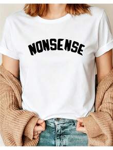 Women's Summer T-Shirt, Available In Sizes 0 To 8XL, With Letter Print And Loose Fit, Short Sleeve Design, Short Sleeve Top With Round Neck 9I01, Suitable For All Seasons, Casual And Versatile. - 白色 - 查看 7