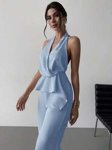 Two-Piece Set Featuring A Stylish And Romantic Asymmetrical V-Neck Sleeveless Top And Loose-Fitting Khaki Straight-Leg Trousers, Suitable For Summer, Beach, And Vacation - 灰色 - 查看 7