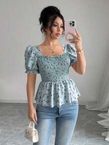 Blusa elegante de mujer con estampado floral diminuto y ajuste ceñido - Celeste - Ver 7
