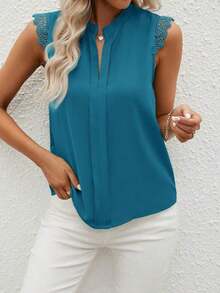 Clasi Camisa de mujer sin mangas de unicolor con cuello en V elegante y parche de encaje, verano - Agua verde azul - Ver 6