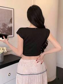 Top corto y ajustado de unicolor de verano para mujer, camiseta informal empresarial - Negro 2 - Ver 2