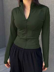 de forro polar de ajuste ceñido con cuello alto de unicolor para mujer, otoño e invierno - Verde Oliva - Ver 6