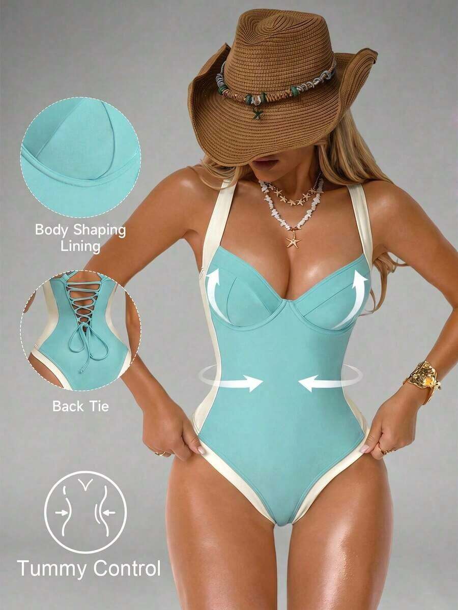 Traje de baño de una pieza con control de abdomen, con abertura lateral, push-up y efecto estilizante, en marrón y beige para mujer - verde menta - Ver 1