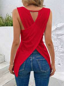 Top informal de tirantes para mujer de unicolor con escote redondo y espalda cruzada, para vestimenta de Año Nuevo - Rojo - Ver 2