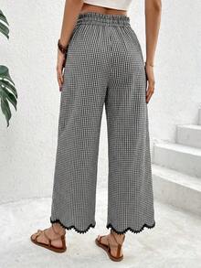 Pantalones casuales de mujer con cintura con cordón a cuadros - Blanco y Negro - Ver 3