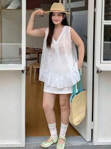 Plus Blusa de mujer talla grande sin mangas con cuello en V y espalda descubierta con lazo para vacaciones y fiestas en la playa - Blanco - Ver 4