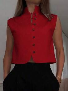 Blusa sin mangas elegante de mujer de doble botonadura, unicolor, blanco casual de verano - Rojo - Ver 1