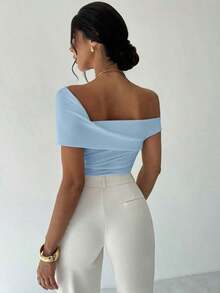 Blusa corta asimétrica con un hombro, elegante, minimalista, con estilo, sexy y chic para uso diario, festivales de música y vacaciones, color blanco, para primavera/verano - Azul - Ver 2