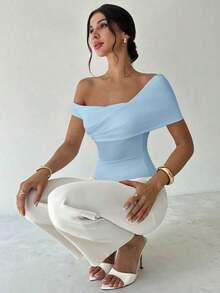 Blusa corta asimétrica con un hombro, elegante, minimalista, con estilo, sexy y chic para uso diario, festivales de música y vacaciones, color blanco, para primavera/verano - Azul - Ver 6
