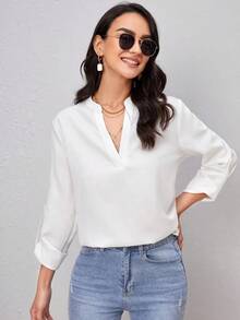 Clasi Blusa con cuello con muesca y mangas enrollables, blusas de manga larga - Blanco - Ver 6