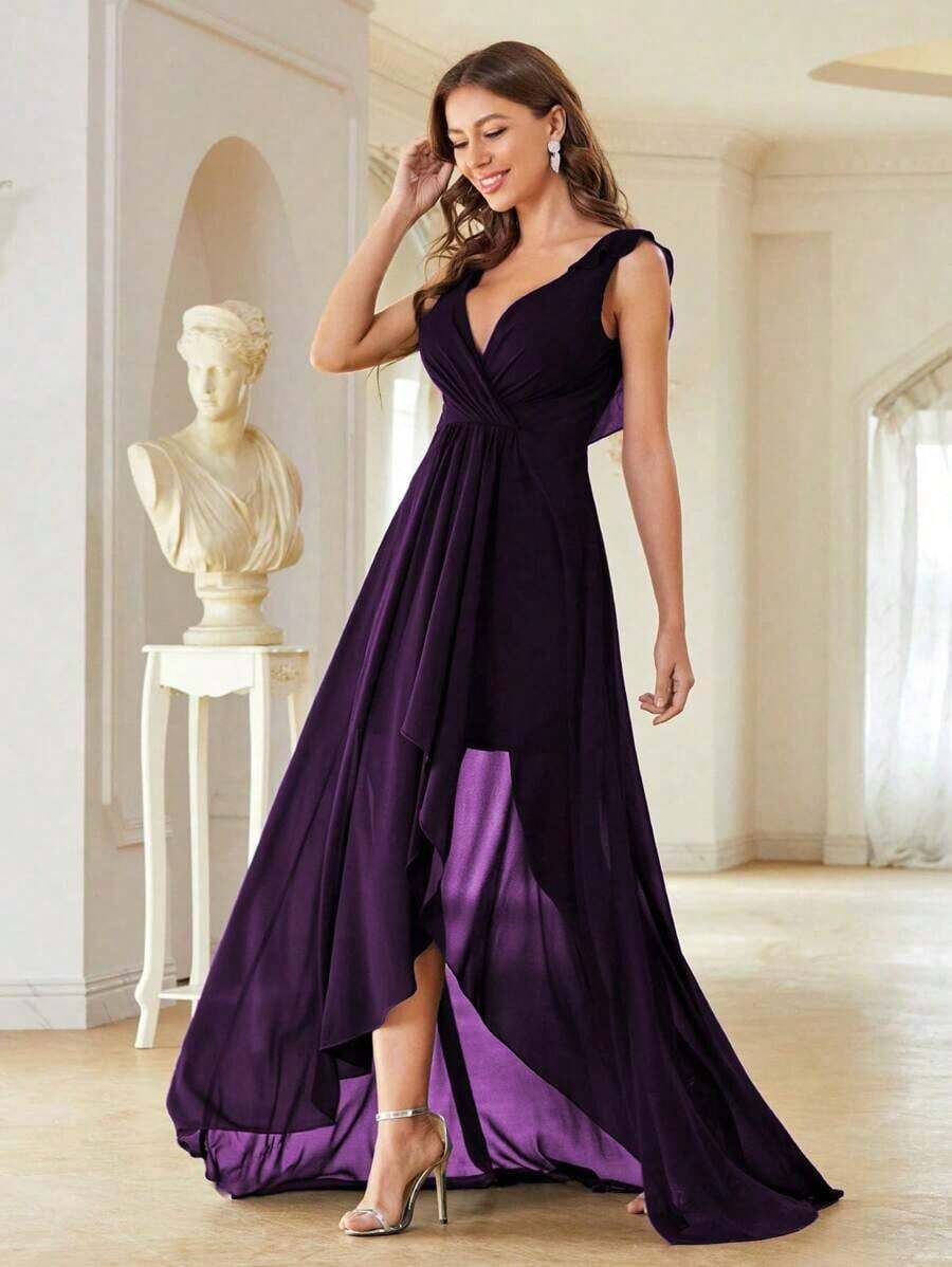Vestido de dama de honor elegante de gasa con drapeado asimétrico para boda de primavera - Morado - Ver 1
