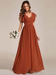 Vestido de dama de honor de gasa, diseño con escote en V plisado de manga corta, espalda abierta drapeada y bajo asimétrico, adecuado para bodas, uso vacacional, vestido de madre de la novia en primavera - Naranja Quemada 2 - Ver 6