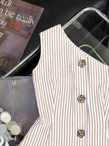 CURVE Una blusa de mujer de verano de gran tamaño, de estilo casual y con rayas tejidas - Albaricoque - Ver 3