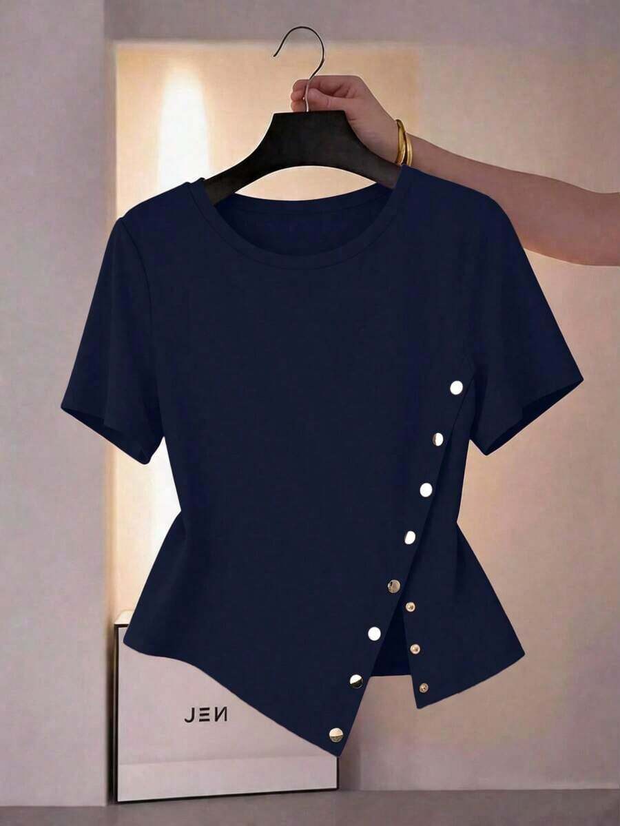 Camiseta de manga corta de talla grande para mujer, de unicolor, con dobladillo asimétrico, para uso diario y casual - Azul marino - Ver 1