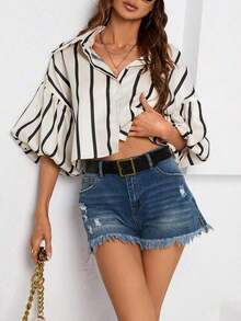 Aveloria Frievida Women's Short Sleeve Button-Down Striped Bishop Sleeve Shirt - Hitam - View 4