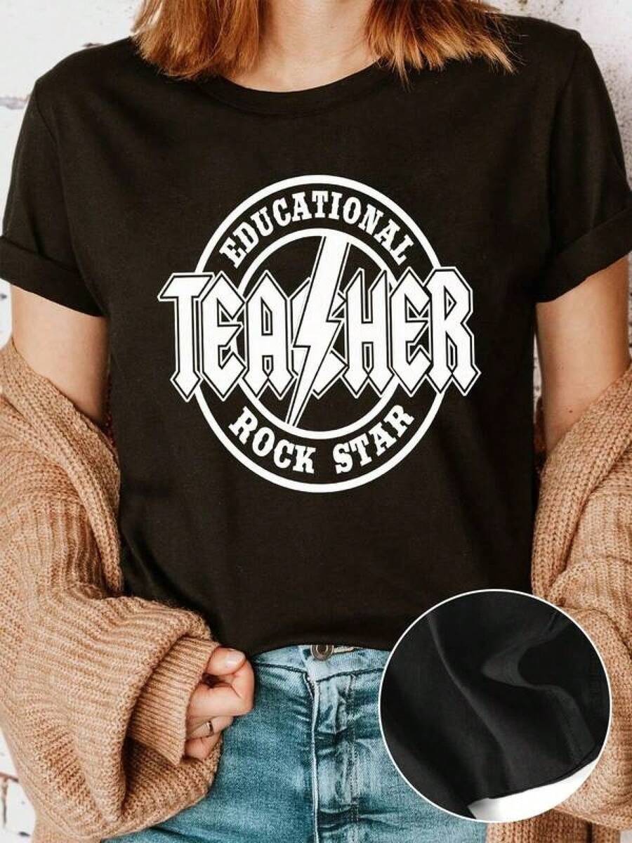 1 Pieza Camiseta Unisex Holgada 180g 100% Algodón Puro, Camiseta única y moderna y2k con un diseño impresionante de maestro rockstar que resalta tu pasión por la educación perfecta para los fanáticos del estilo urbano en México ideal para lucir con orgullo y destacar en cualquier ocasión - Negro - Ver 1