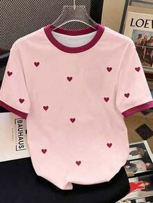 Camiseta casual versátil de manga corta con cuello redondo y estampado de corazón para mujer de talla grande - Blanco - Ver 1