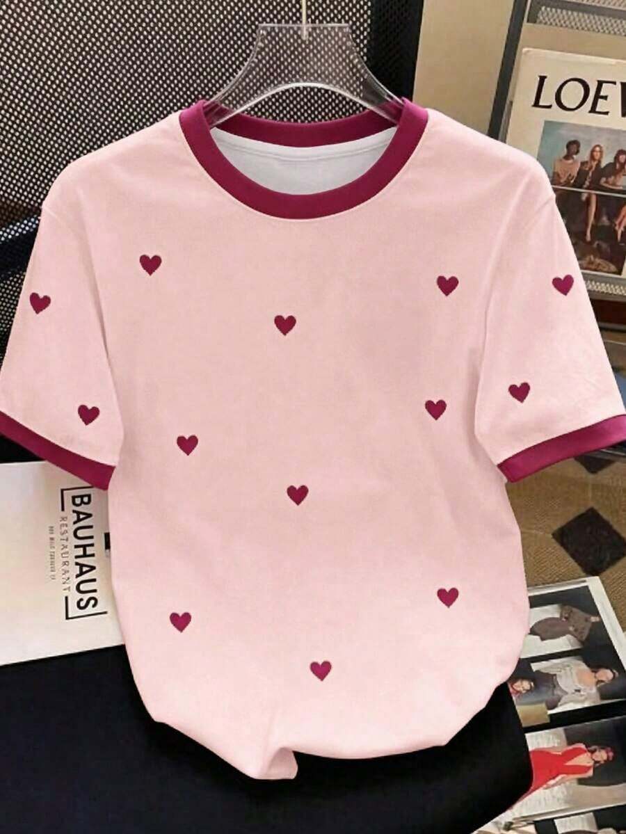 Camiseta casual versátil de manga corta con cuello redondo y estampado de corazón para mujer de talla grande - Blanco - Ver 1