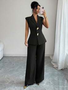 Conjunto de blazer de unicolor con decoración de hebilla metálica y bolsillo falso + pantalones rectos de cintura alta y sueltos, estilo vintage francés elegante para oficina, viajes, negocios, casual, citas, primavera/verano - Negro - Ver 5