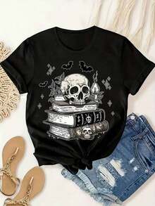 Women's Plus Size Gothic T-Shirt With Bat And Pentagram Print - Retro Black Short Sleeve Crew Neck T-Shirt With Skull And Book Graphic, Soft And Breathable Fabric Suitable For Summer Fitness, Casual And Outdoor Wear - Women's Gothic Style Casual Clothing - 黑色 - 查看 6