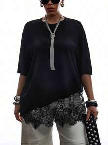 Camiseta holgada de encaje con dobladillo asimétrico a rayas para mujer de talla grande - Negro - Ver 4