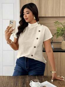 Weeklong Camisa suelta con botones y bordado de ojetes asimétrico, atuendo casual para diario/vacaciones, ropa de oficina - Albaricoque - Ver 6