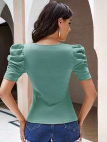 Clasi Camiseta Negra Con Mangas Abullonadas De Punto De Canalé - verde menta - Ver 2