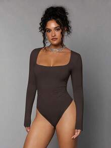 Body De Manga Larga Con Cuello Cuadrado Para Mujer - Café integral - Ver 8