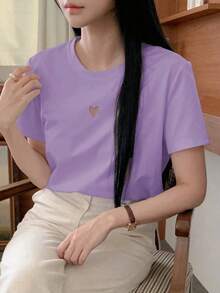 Camiseta casual de verano de mujer con cuello redondo y mangas cortas con detalle de corazón hueco - Morado - Ver 4