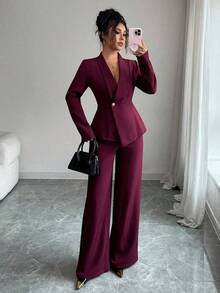 Conjunto de traje de mujer, tela de traje, cuello de solapa, manga larga, cintura ceñida con dobladillo asimétrico en línea A, decoración de botón de metal, sofisticado y elegante para la oficina, el transporte, el estilo callejero, el romanticismo francés, casual, vintage de Oriente Medio, té de la tarde, fiesta, Acción de Gracias, regreso a la escuela, primavera/otoño/invierno - Burdeos - Ver 7
