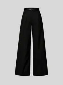 Mid-Waist Solid Color Elegant Straight Leg Pants With Belt Black Spring - Black - View 3