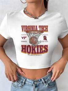 Women's Short T-Shirt Virginia Tech Hokies Basketball Logo Short Sleeve Cropped Top Suitable For Everyday Wear And Outdoor Activities, A Must-Have Item For Summer. (2) - trắng - Xem 1