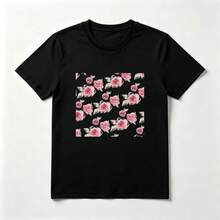Rosas Rosas Acuarela Playera de Algodón Negro Romántica Suave - Negro - Ver 1